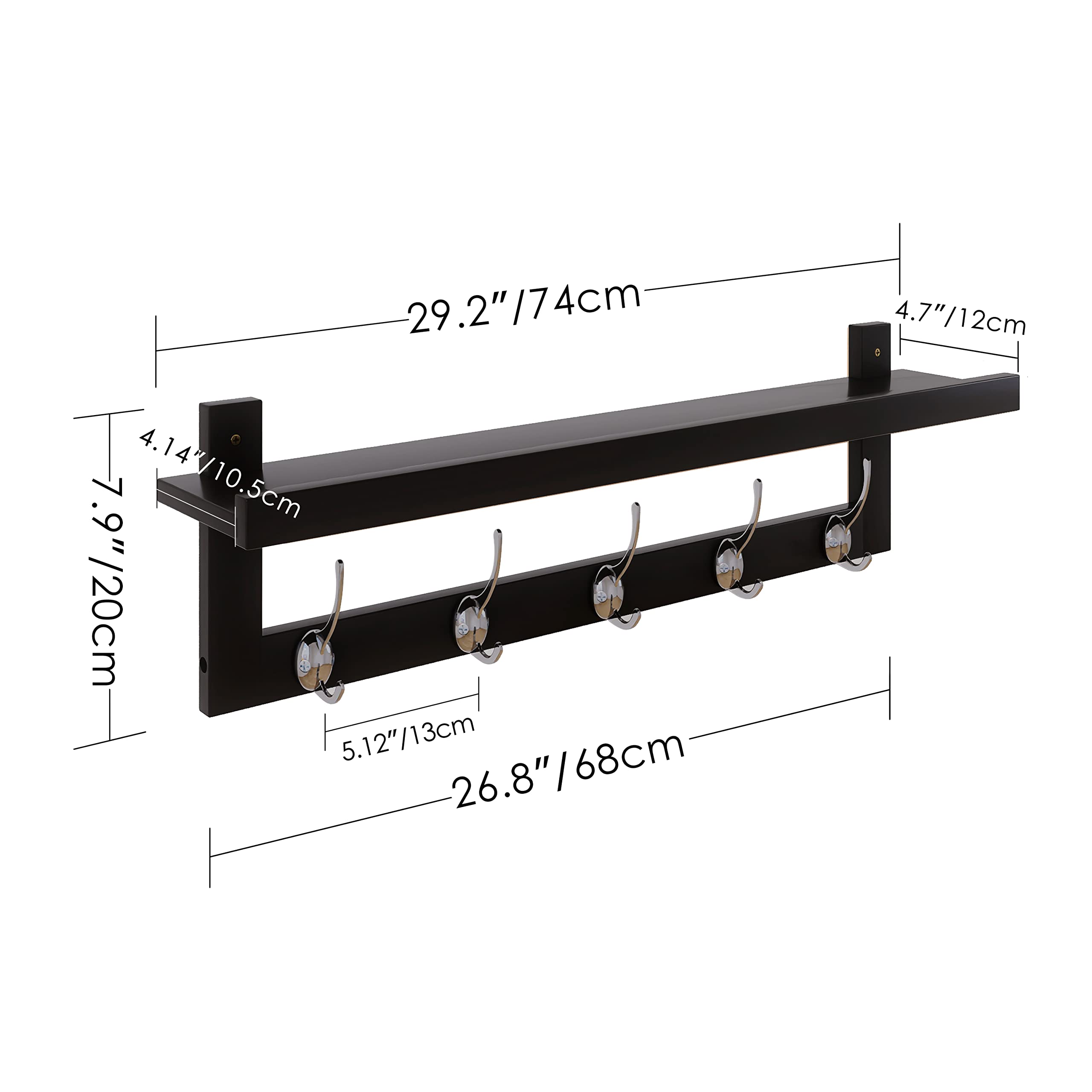 SMIBUY Coat Hooks with Shelf Wall-Mounted, 74 cm Entryway Coat Rack for Wall, Bamboo Hanging Shelf with 5 Double Metal Hooks for Bathroom, Bedroom