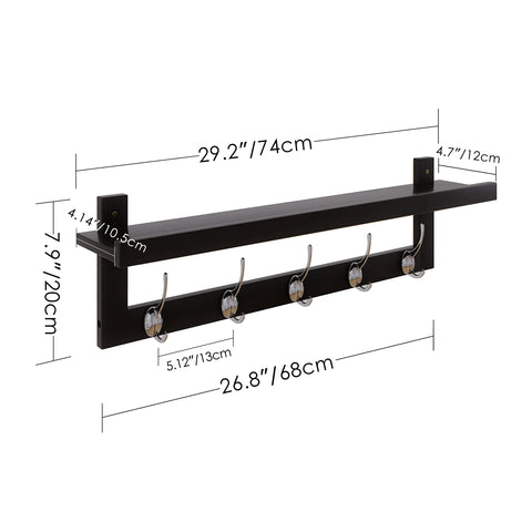 SMIBUY Coat Hooks with Shelf Wall-Mounted, 74 cm Entryway Coat Rack for Wall, Bamboo Hanging Shelf with 5 Double Metal Hooks for Bathroom, Bedroom