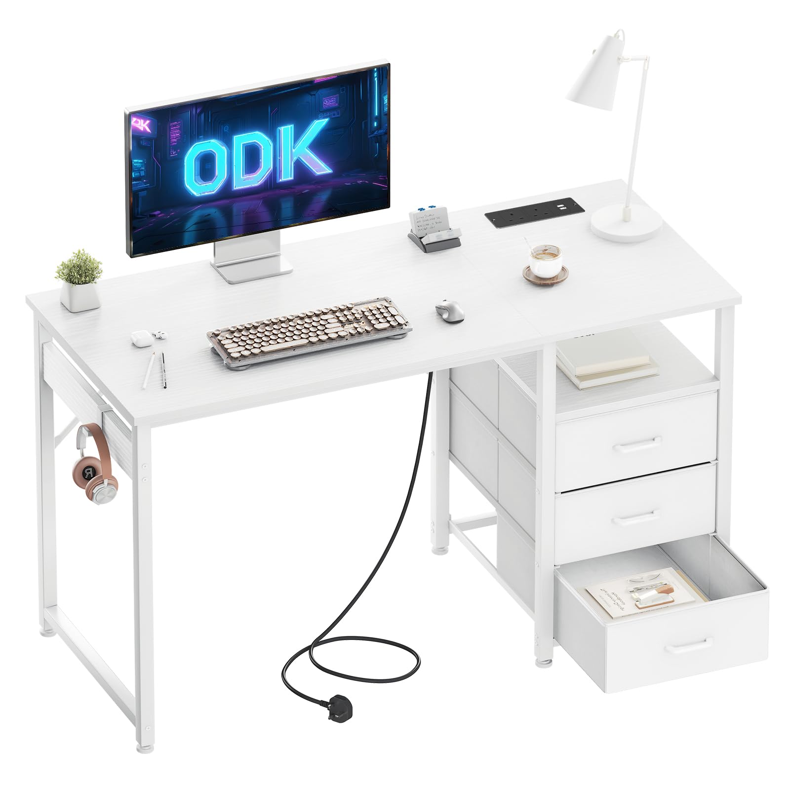 ODK Computer Desk with Drawers, 120cm Office Desk with Sockets, White