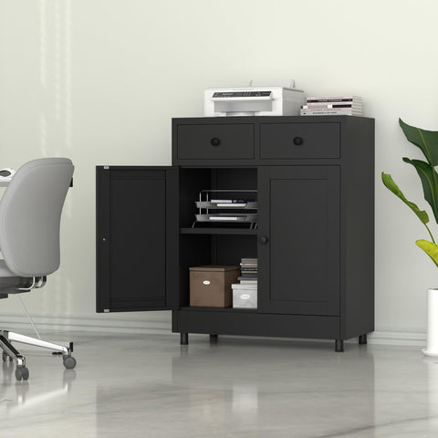 JINKUR Metal Storage Cupboard with 2 Drawers and Adjustable Shelf, Sideboard Buffet Cabinet for Home, Office, Hallway, Entryway, Living Room
