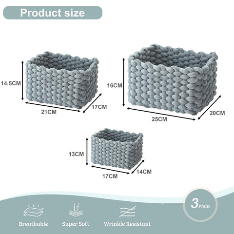 hand-knitted velvet rope storage basket set of 3 - soft cotton rope desktop cosmetics organizer box - nesting multi-functional storage basket