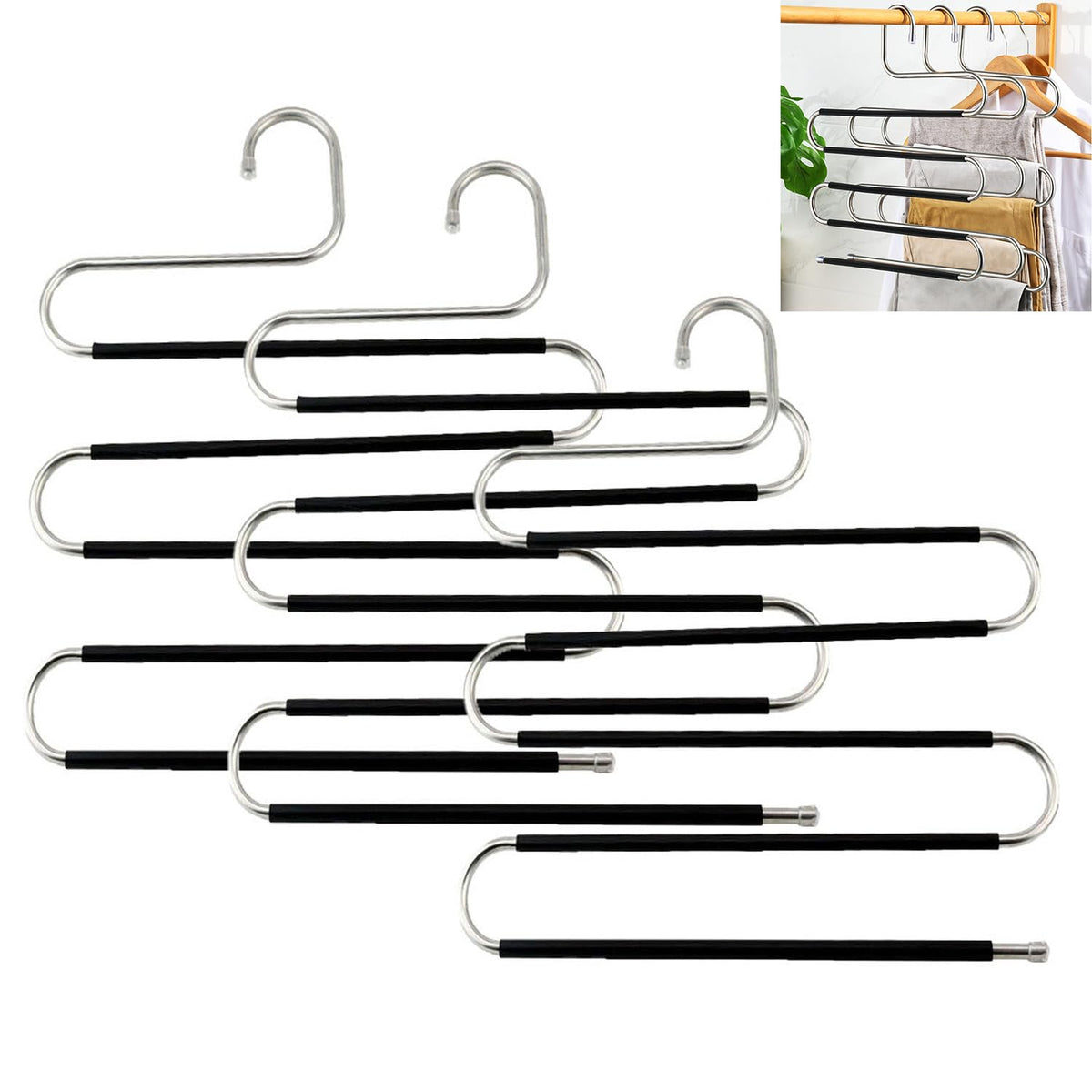 Trouser Hangers Space Saving, 3 Pcs Stainless Steel Hangers for Clothes Space Savers, Multi-Layer Pants Hanger for Closet Organizers and Storage