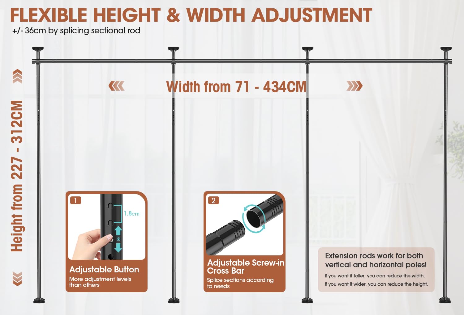 WELDUN Room Divider Curtain Rods, No Drill Damage Free Standing Curtain Rod