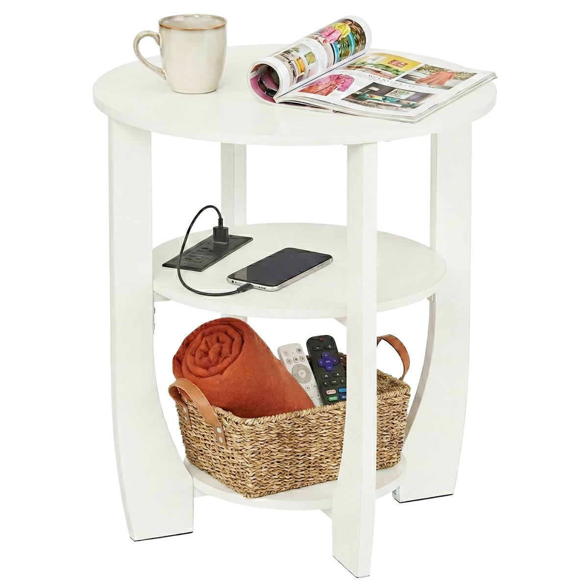 ZEXVIDA 3 Tier Round Side Table with Charging Station, Farmhouse Wood End Tables with Storage