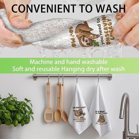 WADORN Microfibre Sloth Tea Towels Pack of 4, Funny Sloth Printed Dish Cloth Towels Absorbent Soft Sloth Hand Towels Dishcloths for Bathroom Dining
