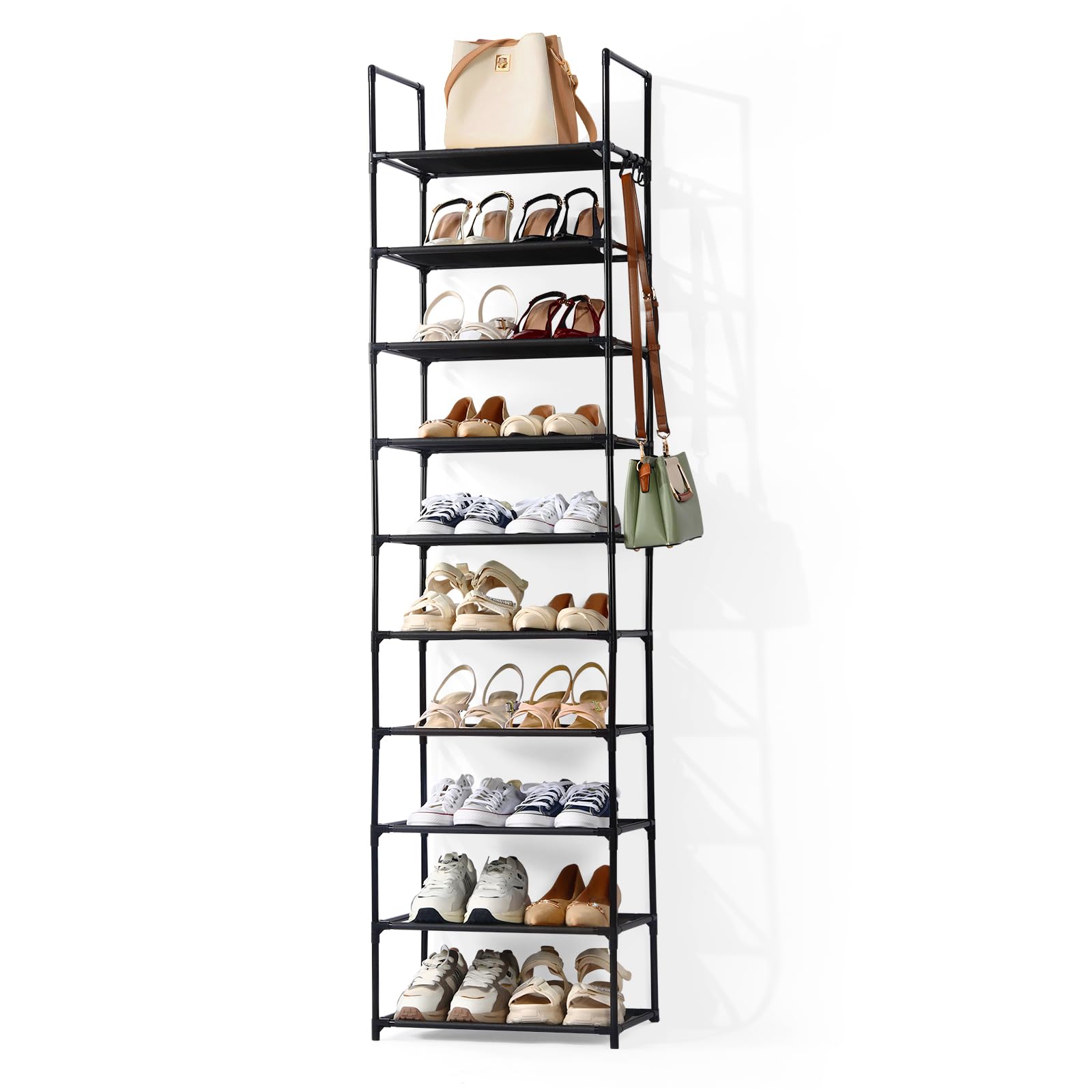 Shoe Rack, 10-Tier Tall Shoe Storage Organiser with Hooks, Holds 20 Pairs