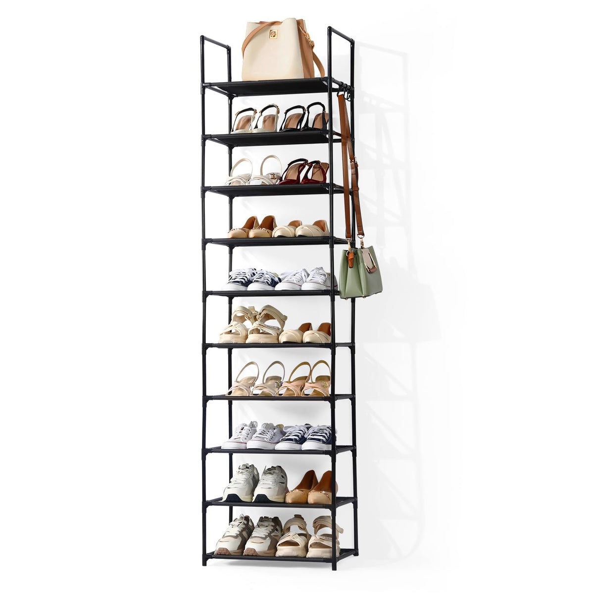 Shoe Rack, 10-Tier Tall Shoe Storage Organiser with Hooks, Holds 20 Pairs