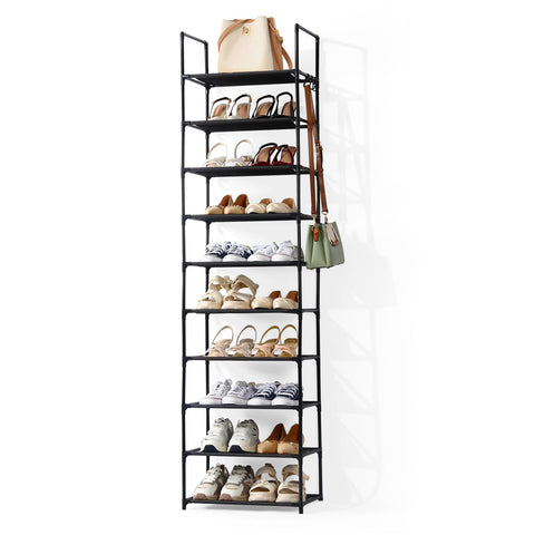 Shoe Rack, 10-Tier Tall Shoe Storage Organiser with Hooks, Holds 20 Pairs