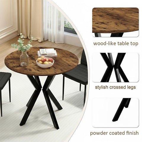 80cm Round Wooden Dining Table with Black Metal Legs for Kitchen & Home