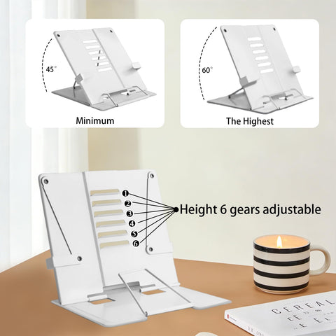Senshuomy Adjustable Recipe Book Stand, Folding Cookbook Holder for Kitchen, School and Office Use, Reading Rest with Multiple Angles (White)