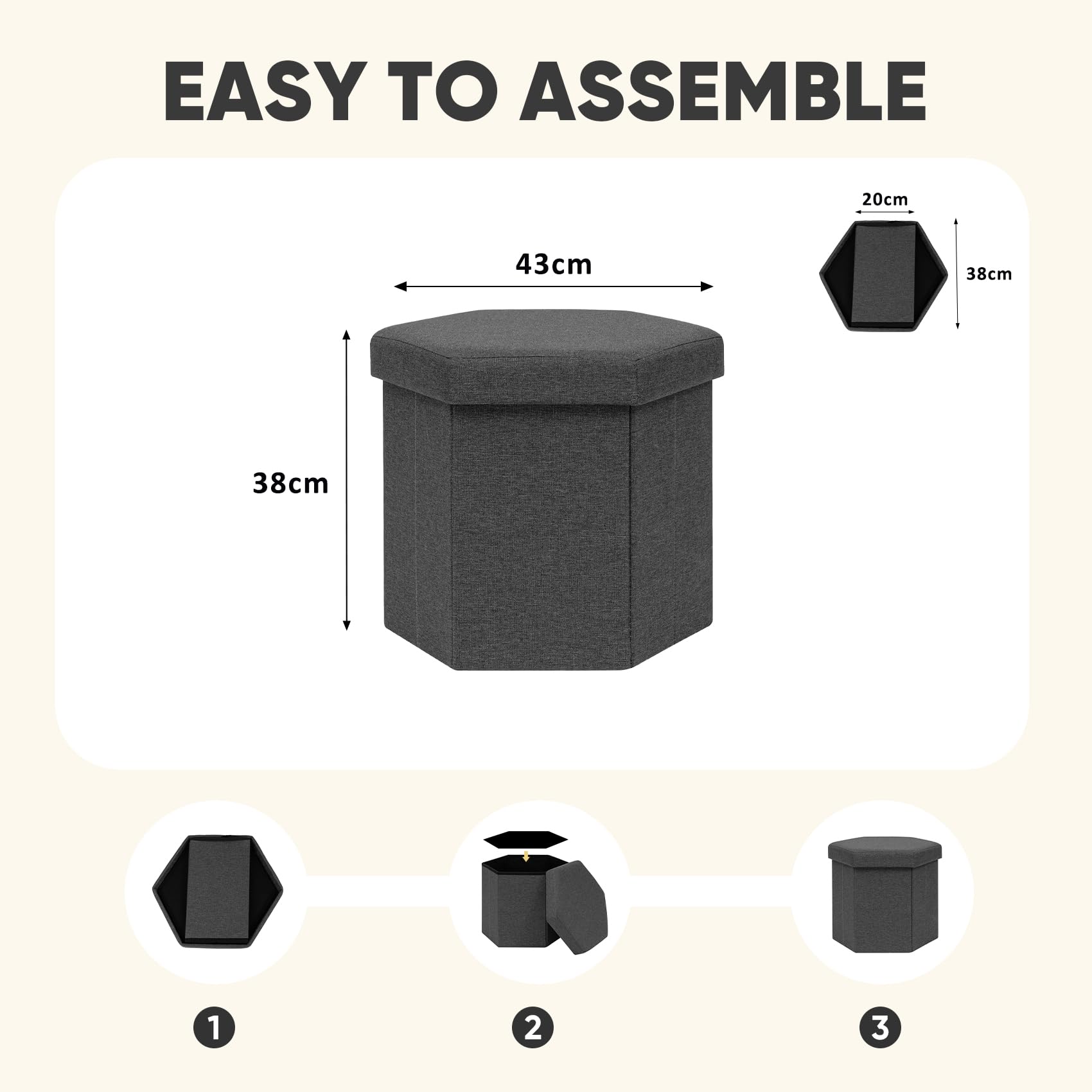 PINPLUS Folding Storage Ottoman, Linen Hexagonal Footrest, Dark Grey