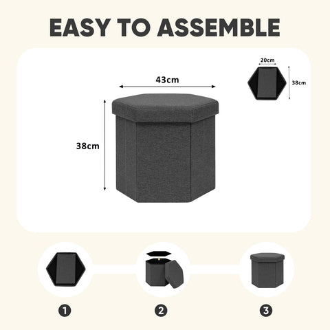 PINPLUS Folding Storage Ottoman, Linen Hexagonal Footrest, Dark Grey