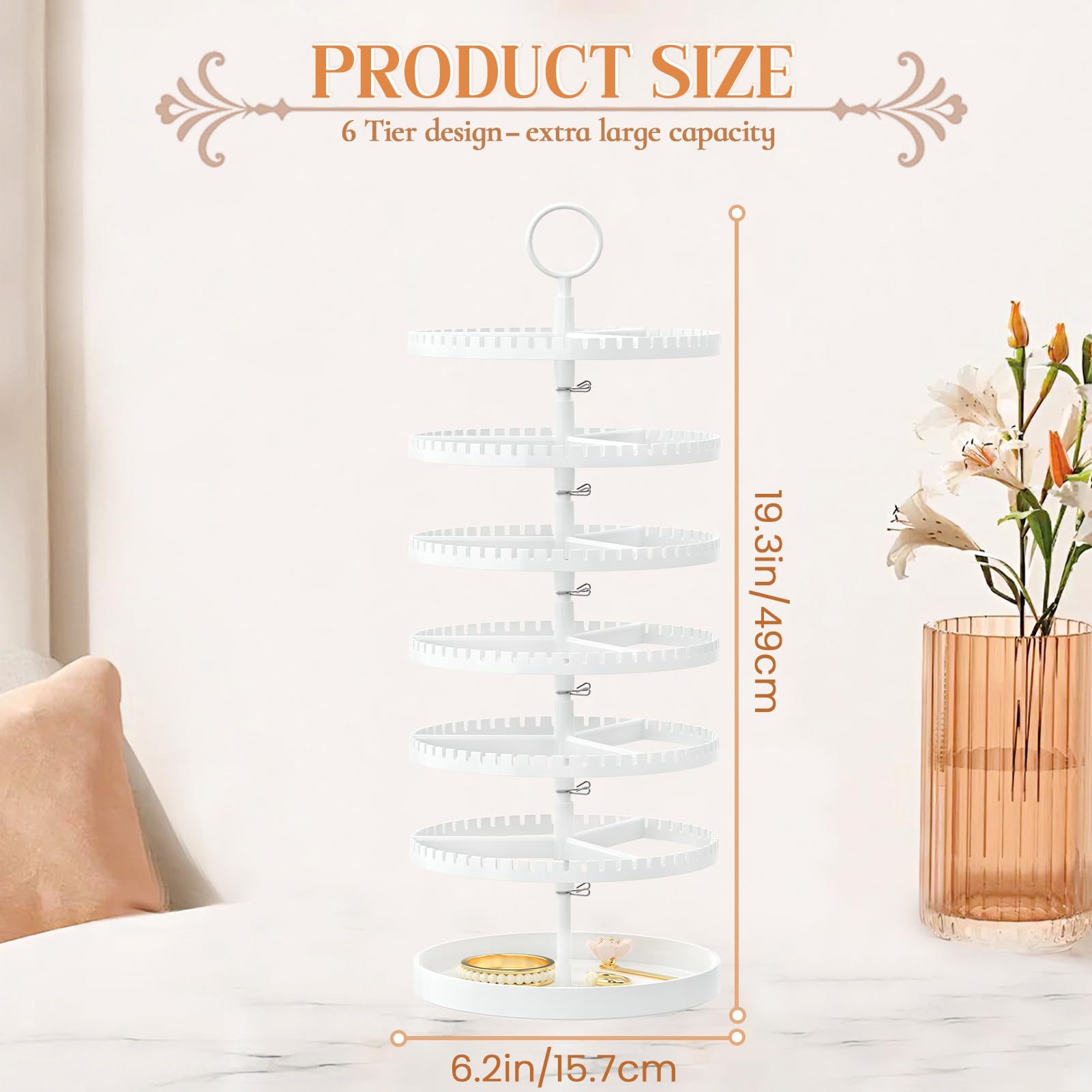 iDavosic.ly 6 Tier Rotating Earring Holder Organizer with Metal Tray, White