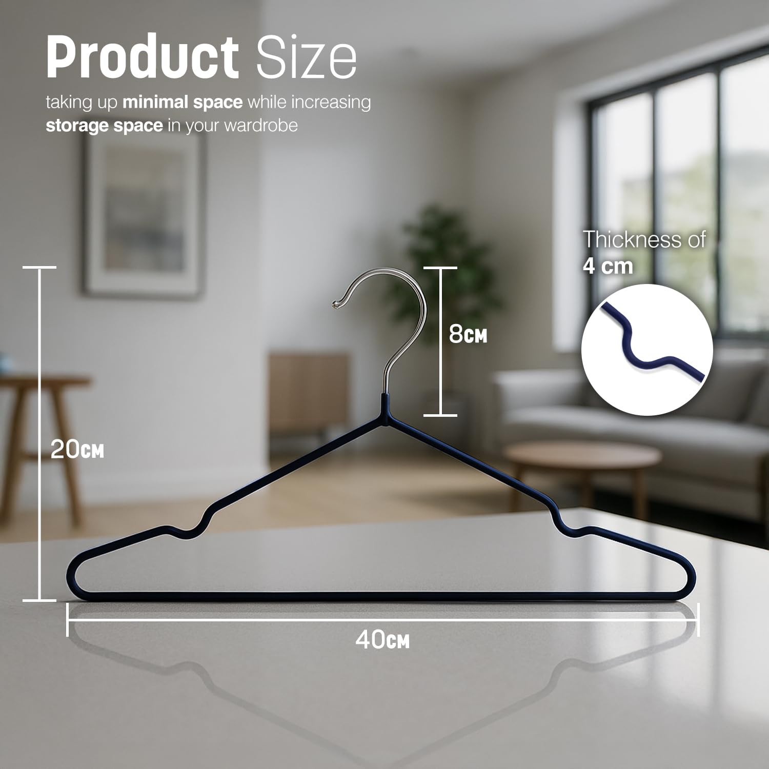 KEPLIN 20x Premium Rubber Coated Metal Hangers - Heavy Duty - Space Saving Organiser Clothes Hangers For Wardrobes Coat Rack Rails(Navy Blue)