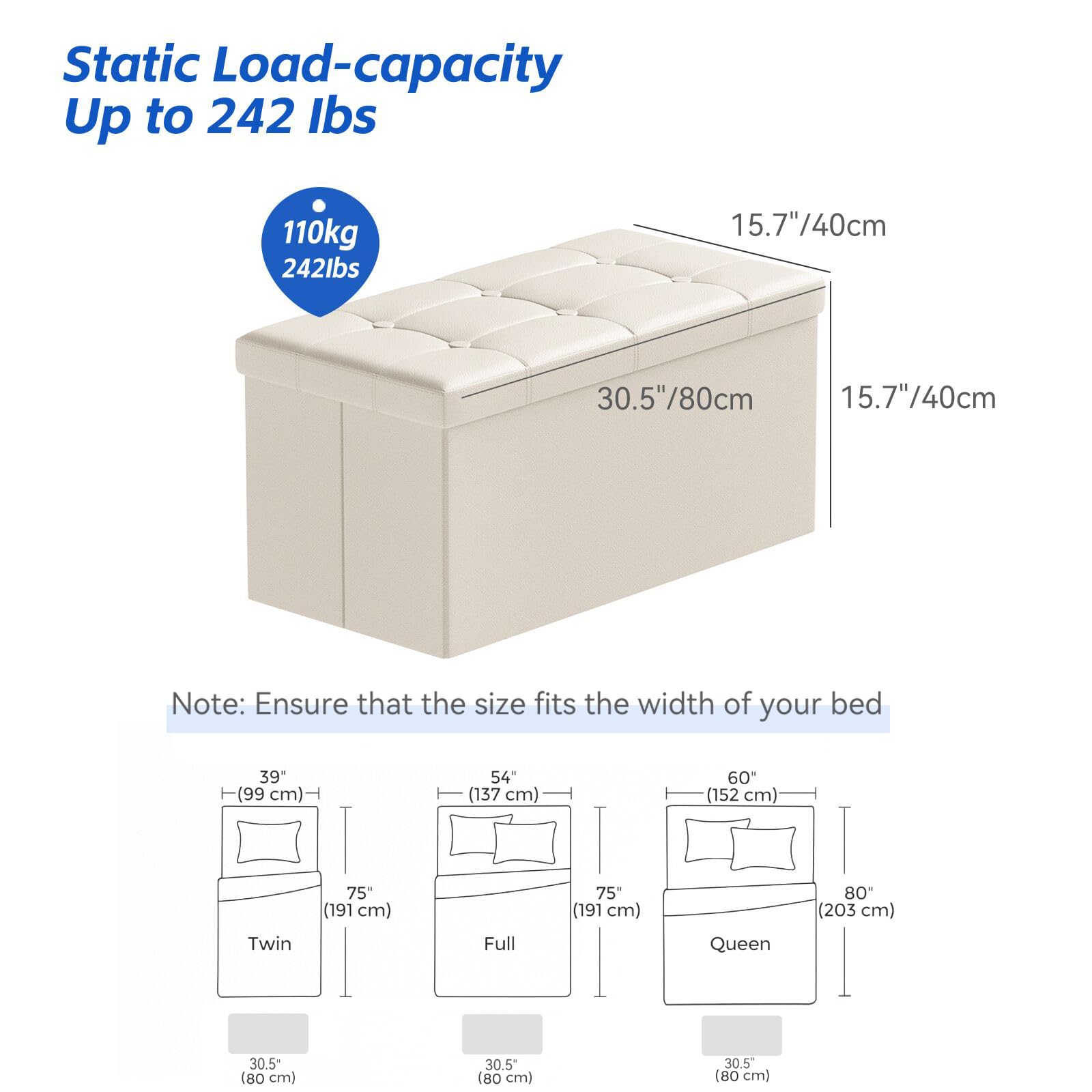BRIAN & DANY Folding Ottoman Storage Bench with Lid, Foot Stool Faux Leather Large Storage boxes with Lid, Beige, 80 x 40 x 40 cm
