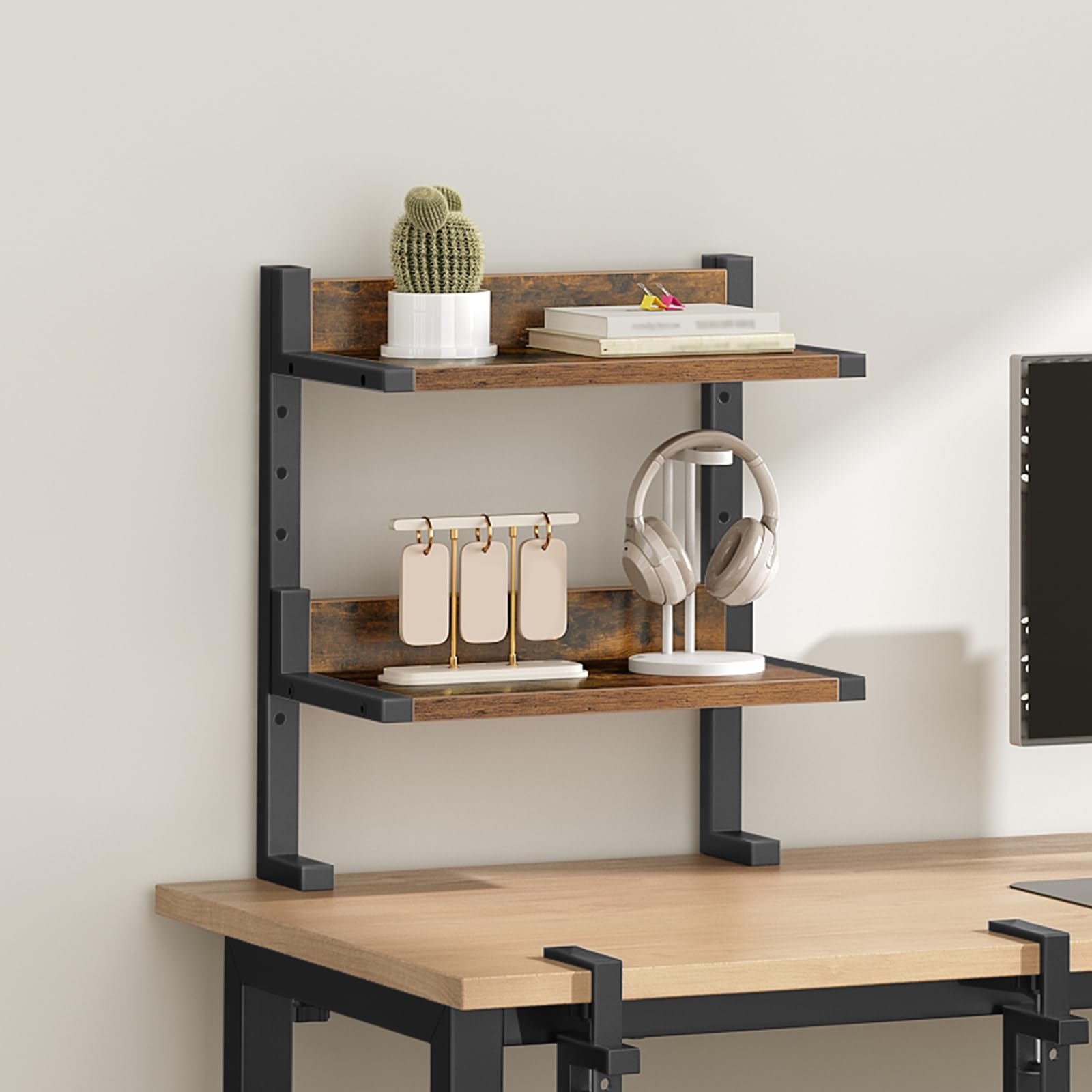 HOOBRO Clamp On Desk Shelf, 2-Tier Desktop Organizer, Space-Saving Desk Hutch with Adjustable Shelves, for Office, Study, Entertainment Accessories