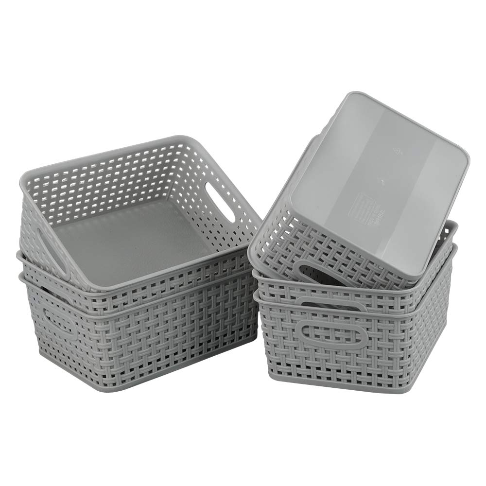 Kiddream Set of 6 Weave Basket Small, Rattan Plastic Basket Cupboard Storage Boxes (Grey)