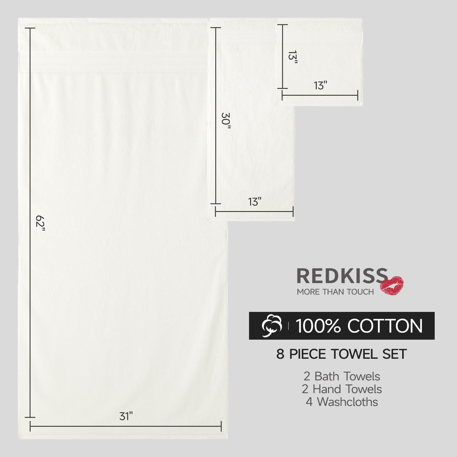 REDKISS 8 Piece Towels Set with Hanging Loop-Quick Drying & Soft, Off-White