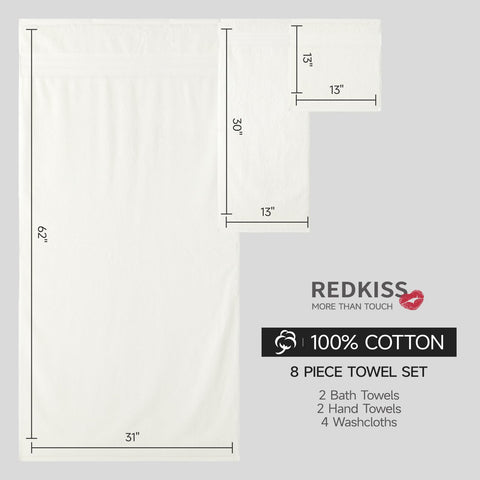 REDKISS 8 Piece Towels Set with Hanging Loop-Quick Drying & Soft, Off-White