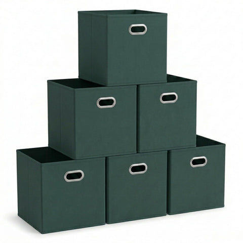 Household Essentials Fabric Storage Cube Bins, 6 Piece Set, Strong Poly-Woven Fabric, Chipboard Sides, Grommet Front Handle, Stackable and Foldable