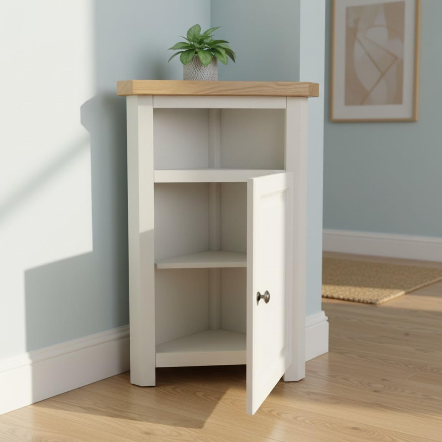GROF GROFurniture Snow White finish Tall Corner Cabinet, Triangle Unit open compartment with shelf fit all Livingroom, Bathroom & Hallway