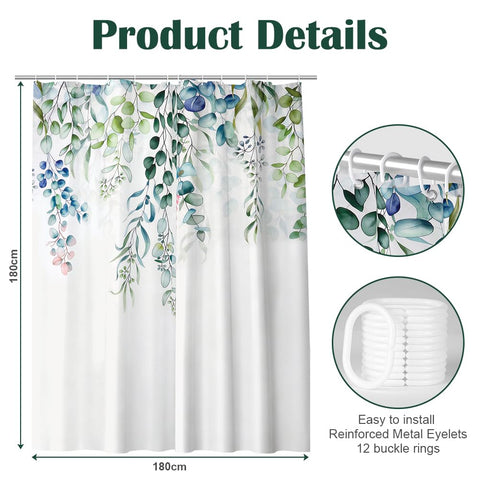 HAGOT Shower Curtain, Water and Mould Resistant Bathroom Curtain, Polyester Machine Washable Fabric, Bath Curtain with Hooks, 180 x 180 cm
