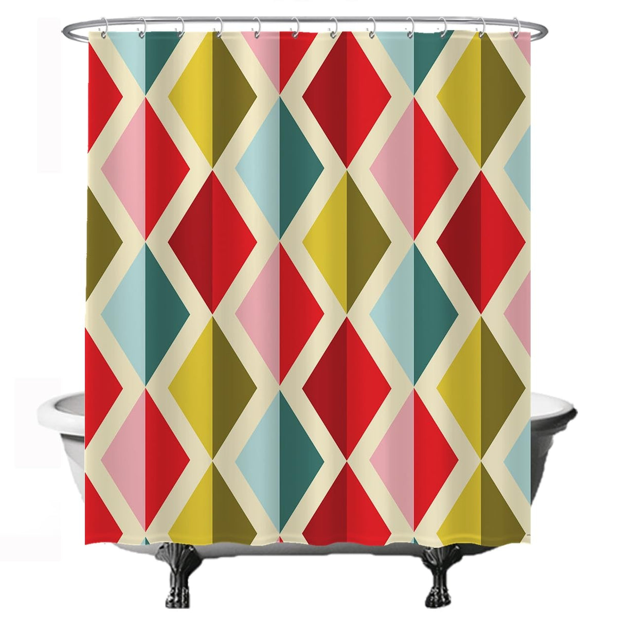 Ulticool Shower Curtain - Colourful Retro Vintage Diamond Figures - 180 x 200 cm - Washable - Anti Mould - with 12 Rings - Red Yellow Blue
