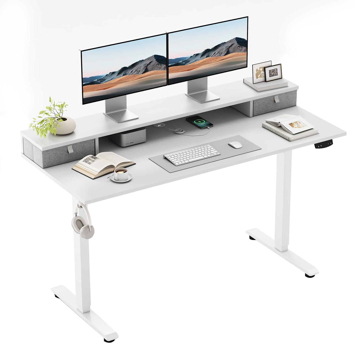 Klicelor Electric Height Adjustable Desk, with 2 Fabric Drawers, 140x60cm