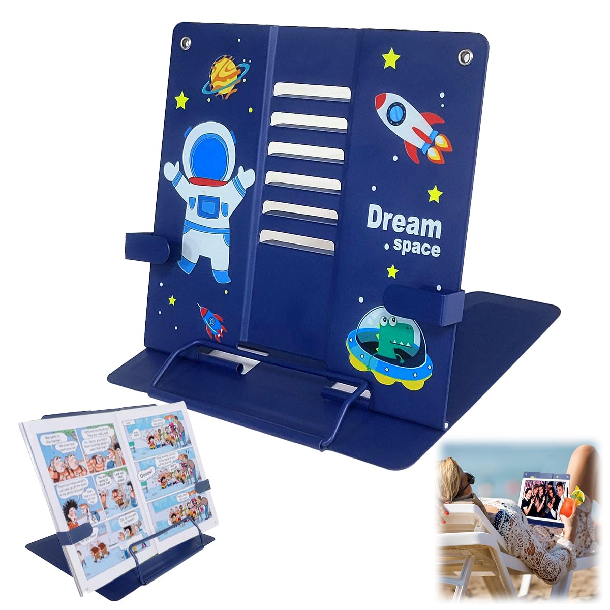 Garegce Book Stand Folding with Page Paper Clips, Cute Astronaut Book Holder, Cookbook Stands 6-Position Adjustable Height for Reading