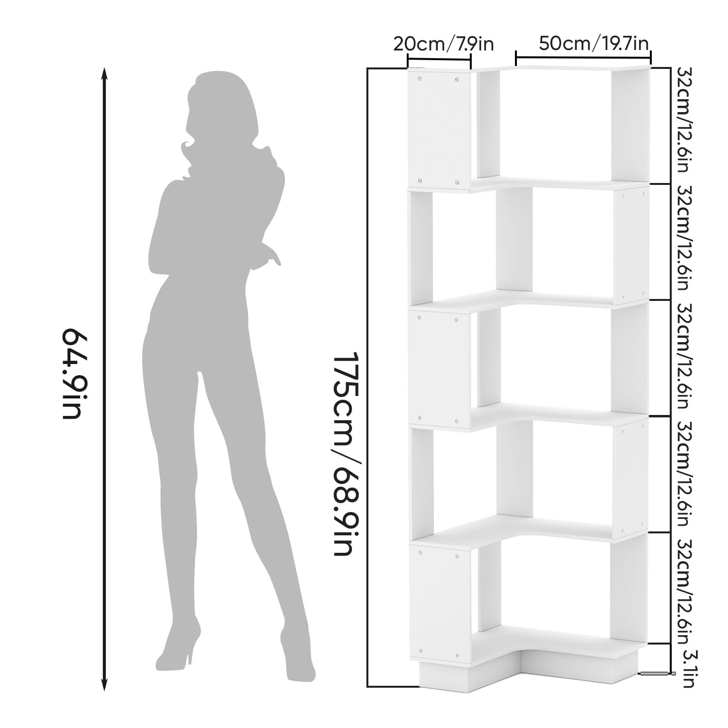 uyoyous 5-Tier Corner Bookcase Unit, Freestanding Book Organiser Stand, Book Storage Cabinet, Bookshelf Display, Book Rack Credenza,