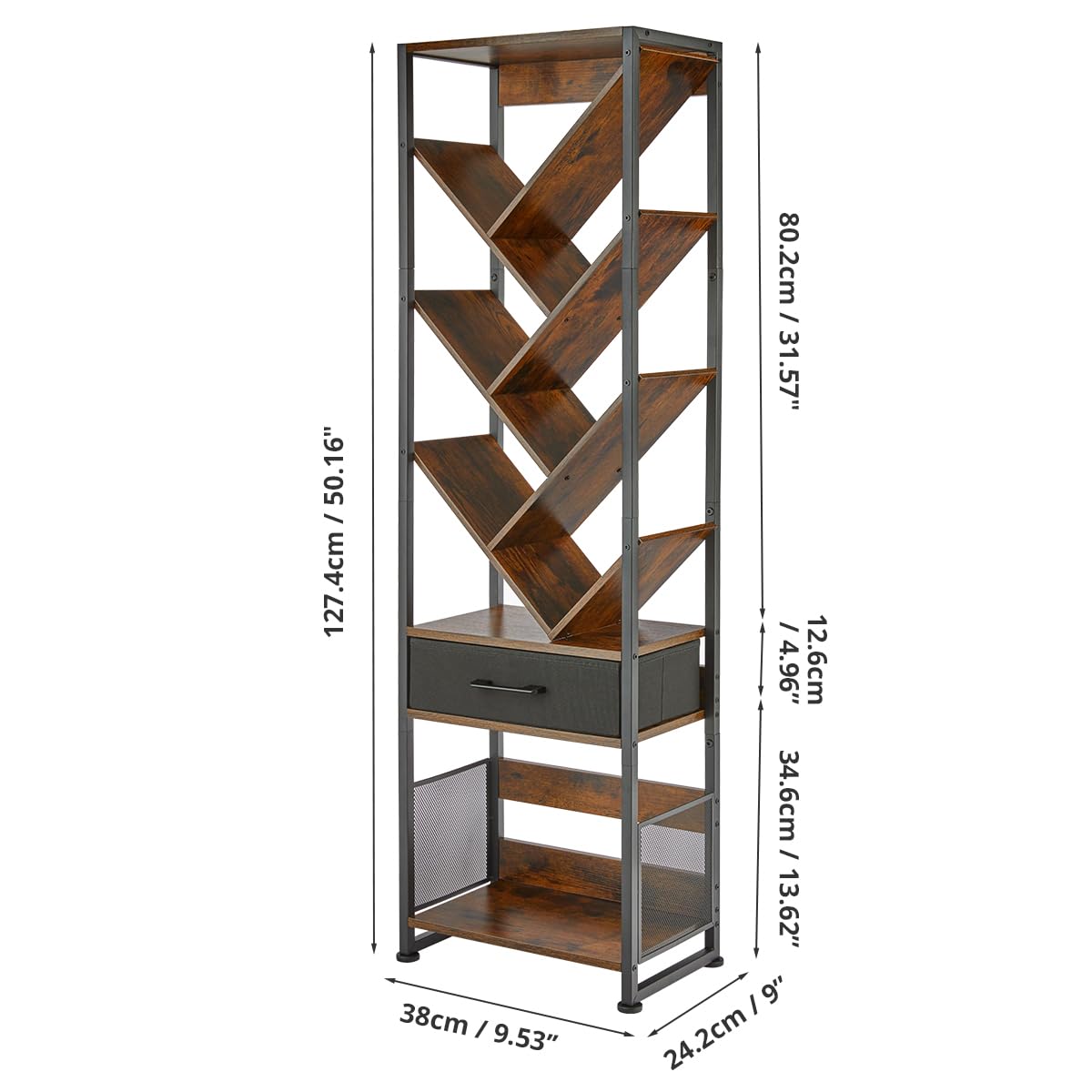 ruboka Tree Bookshelf with Side Table, Tall Bookcase with Storage Cabinet, Floor Standing Modern Narrow Bookshelves Organizer for Bedroom/Living