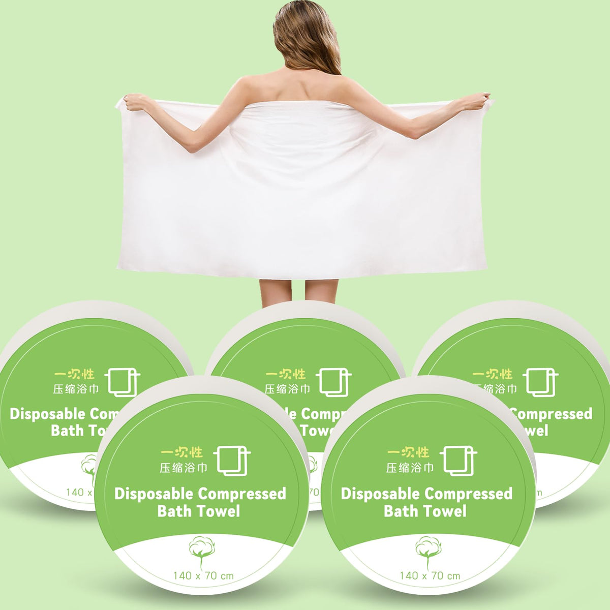 ERHAOG Compressed Towel Tablets - 140 * 70 cm Compressed Bath Towel, 5 Psc Large Disposable Bath Towels for Travel