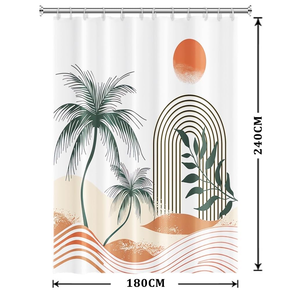 Xiaoterna Boho Sun Line Shower Curtain Palm Trees Summer Sand Beige Waterproof Bathroom Curtain Abstract Waves Green Leaves White Polyester Fabric