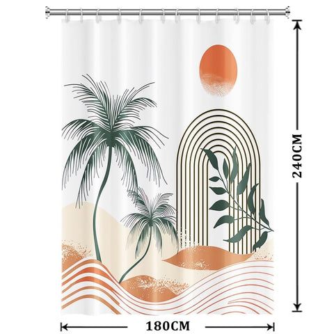 Xiaoterna Boho Sun Line Shower Curtain Palm Trees Summer Sand Beige Waterproof Bathroom Curtain Abstract Waves Green Leaves White Polyester Fabric