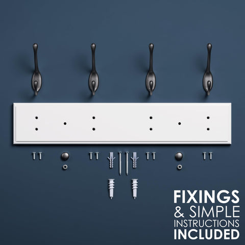 LARHN White Wall-Mounted Coat Rack - 4 Black Coat Hooks, 42cm