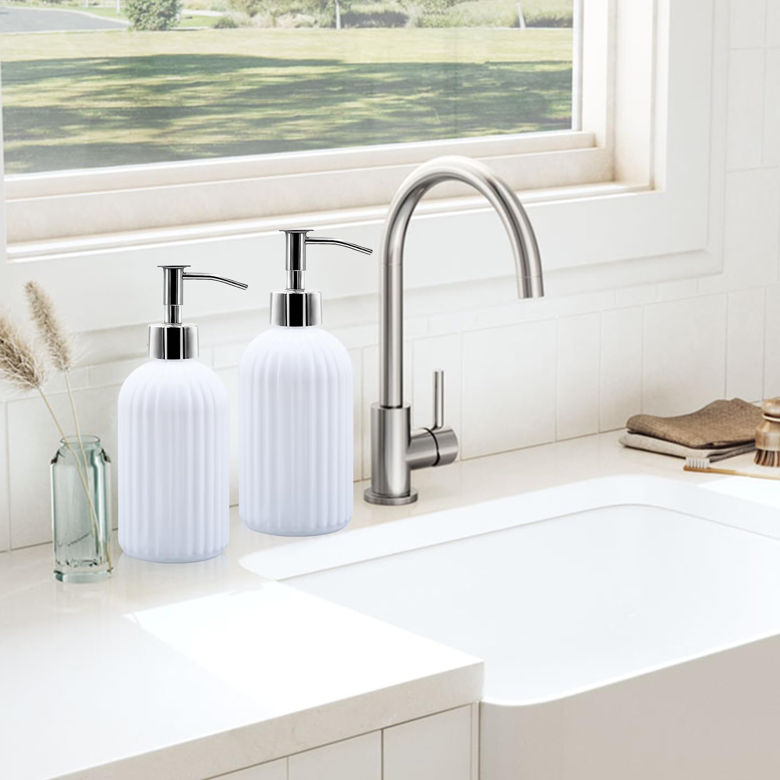 2 Pack Glass Soap Dispenser Bottle with Pump, 14 Oz Refillable Liquid Hand Jar Dispenser for Bathroom, Countertop, Kitchen, Laundry Room (White)