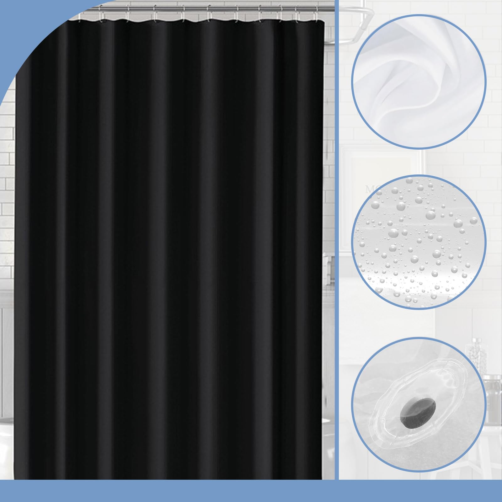 COSORO PEVA Shower Curtain 180x180cm,Heavy Duty Plastic Black Weighted Shower Curtains Mould Proof Resistant Waterproof Bath Curtains with 3 Magnet