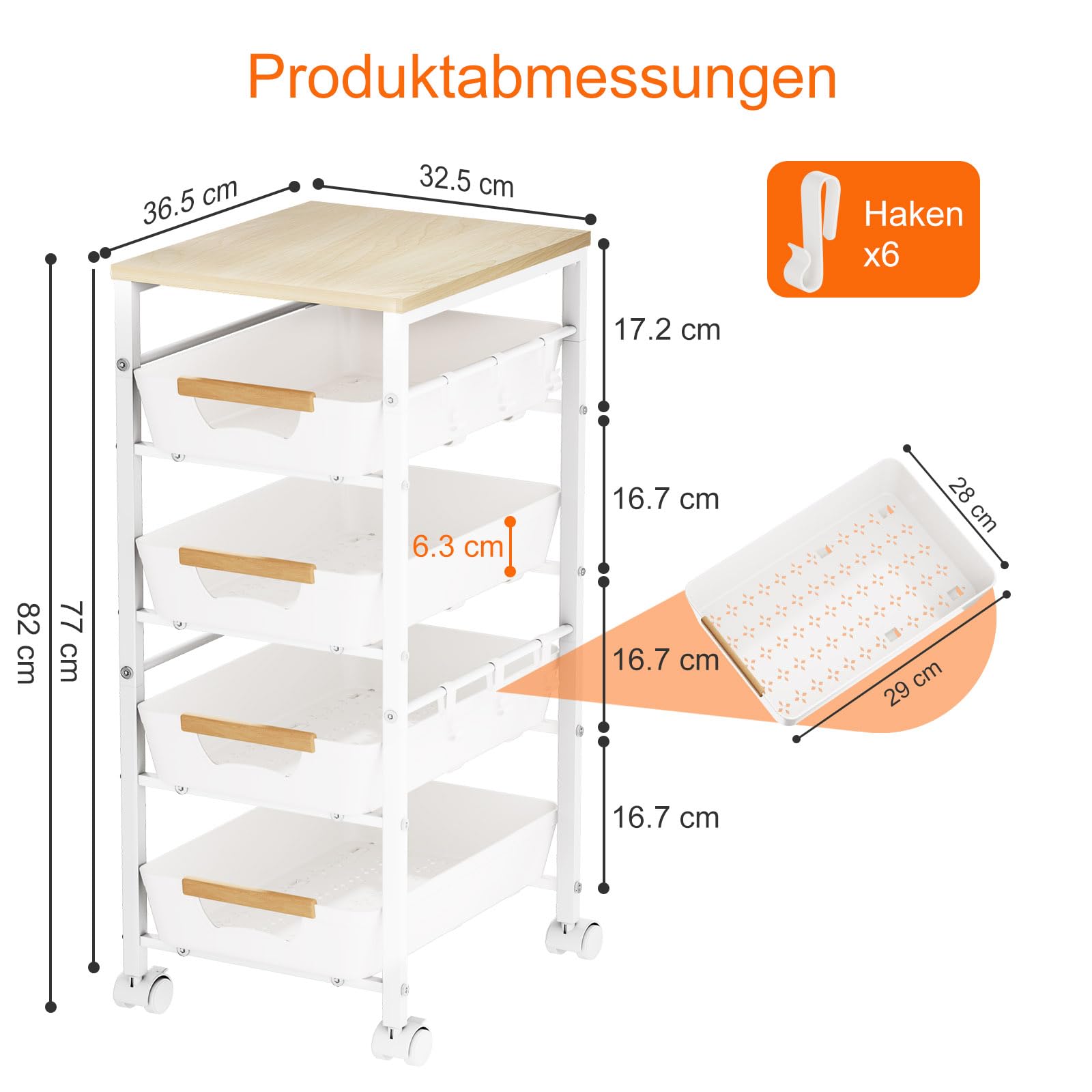 Uwoodia 5-Tier Slim Storage Trolley on Wheels, Metal Kitchen Rolling Cart with Pull-Out Baskets