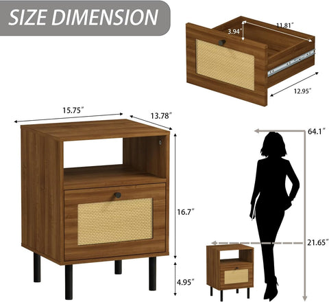 Bedside Table, Boho Farmhouse Walnut Rattan Nightstand with Drawers