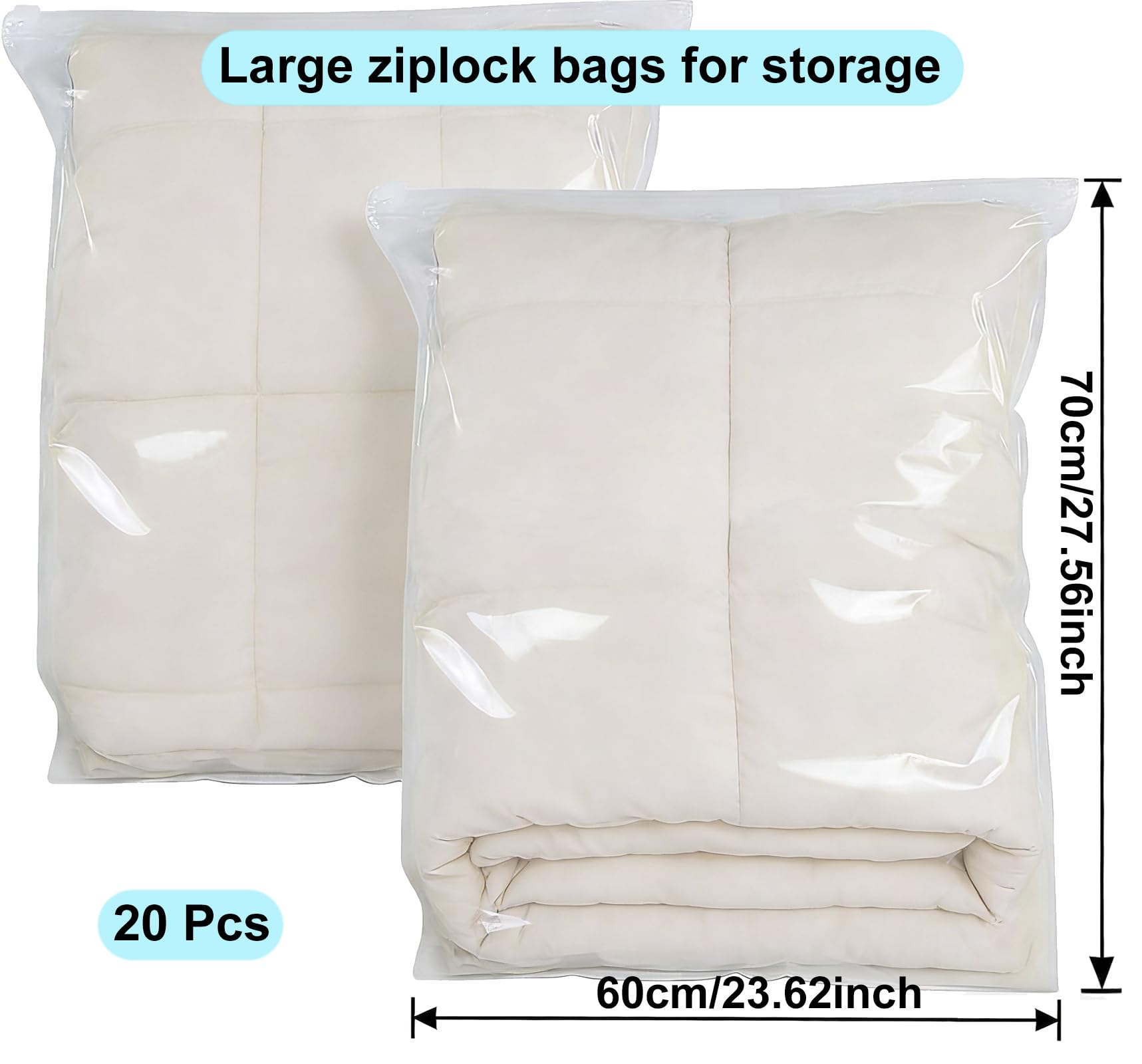 QISF 60 x 70 cm Reusable Ziplock Bags for Clothes - 20 Pcs Store & Protect Zip Seal Clothes Storage Bags，Large Clear Seal Bag Waterproof Luggage