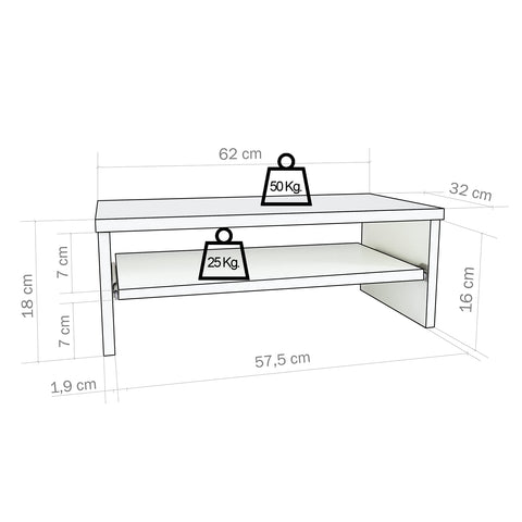 Henor Stand Monitor Riser Wooden Screen with Removable Tray 62 x 32 x 18 cm. Supports 50 kg. White.