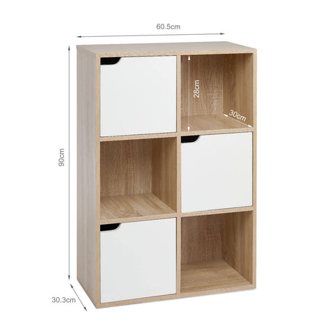 Mondeer 6 Cube Storage Unit, 3-Tier Bookcase with Doors, Wooden Bookshelf Display Organiser Cabinet for Living Room, Bedroom, Home Office
