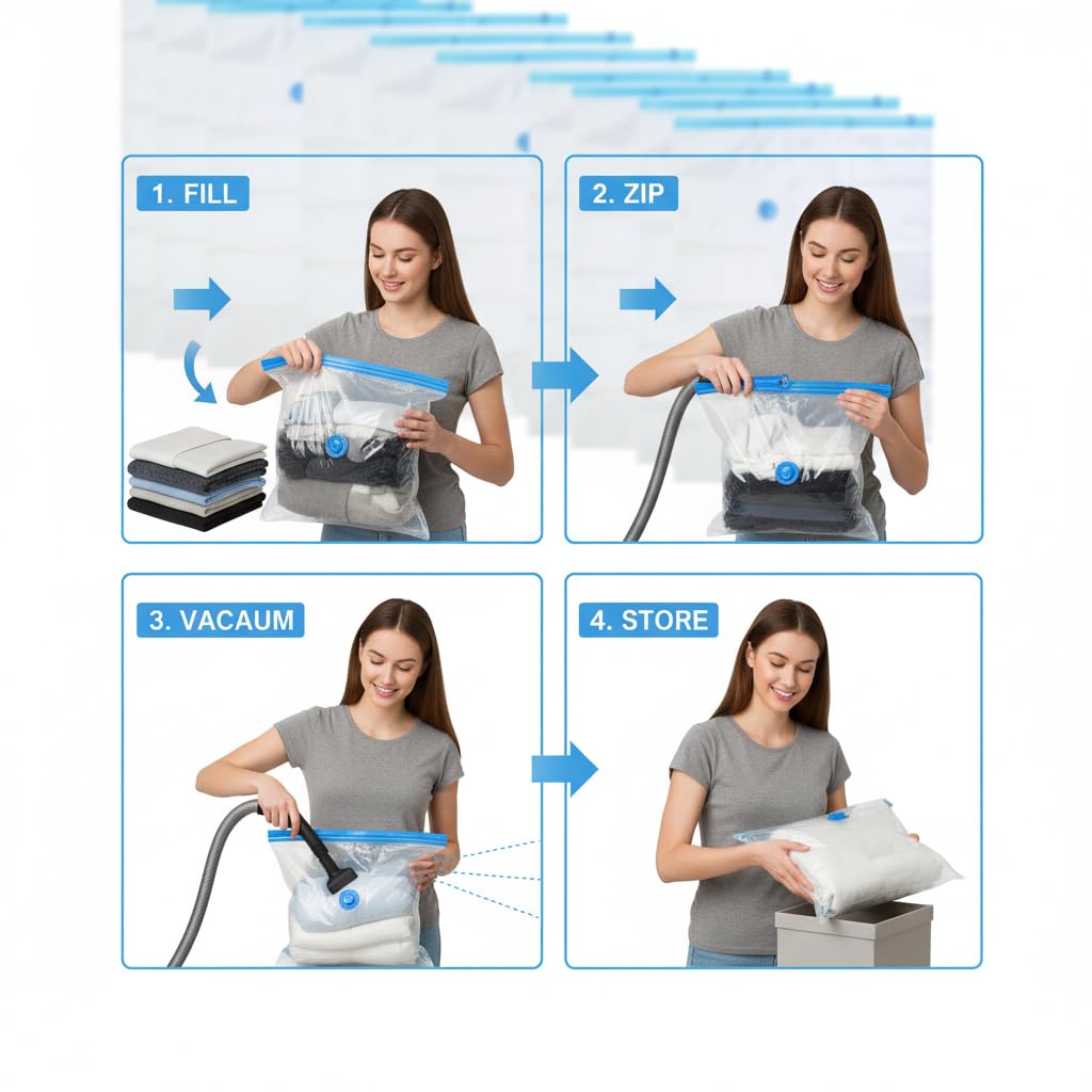 10-Pack Vacuum Storage Bags 40x60cm - Space Saver for Clothes, Quilts, Pillows & Blankets, Transparent Blue Airtight Seal (Reusable & Heavy-Duty)