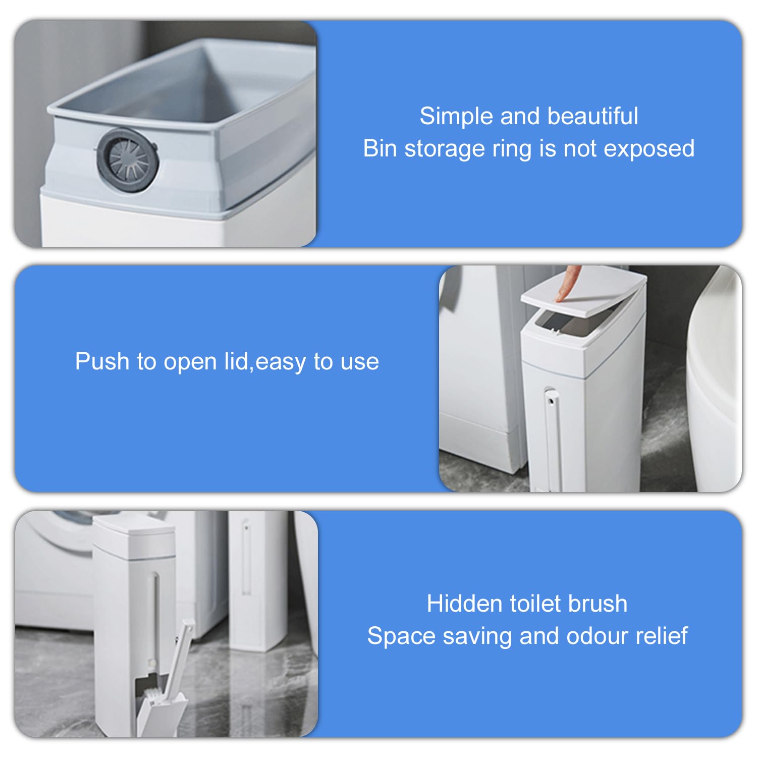 HIKENRI 4.5L Bathroom Bin with Lid, White Plastic Bin with Toilet Brush, Rectangular, Smooth Finish, 1 Count