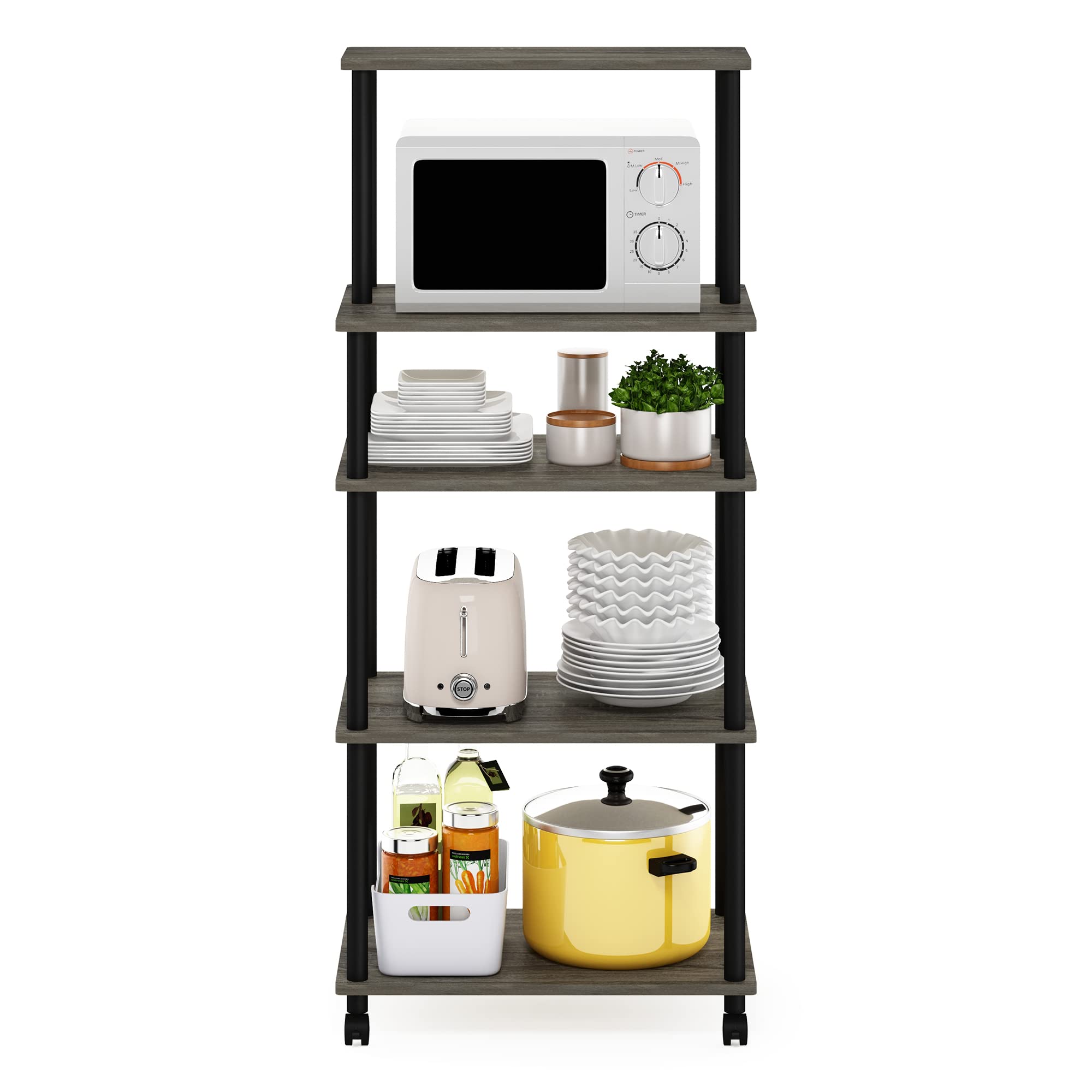 Furinno TURN-N-TUBE Bakers Rack with Wheels, 5-Tier Kitchen Storage Cart, Kitchen Cart, Coffee Bar, Pantry Organizers and Storage, French Oak Grey