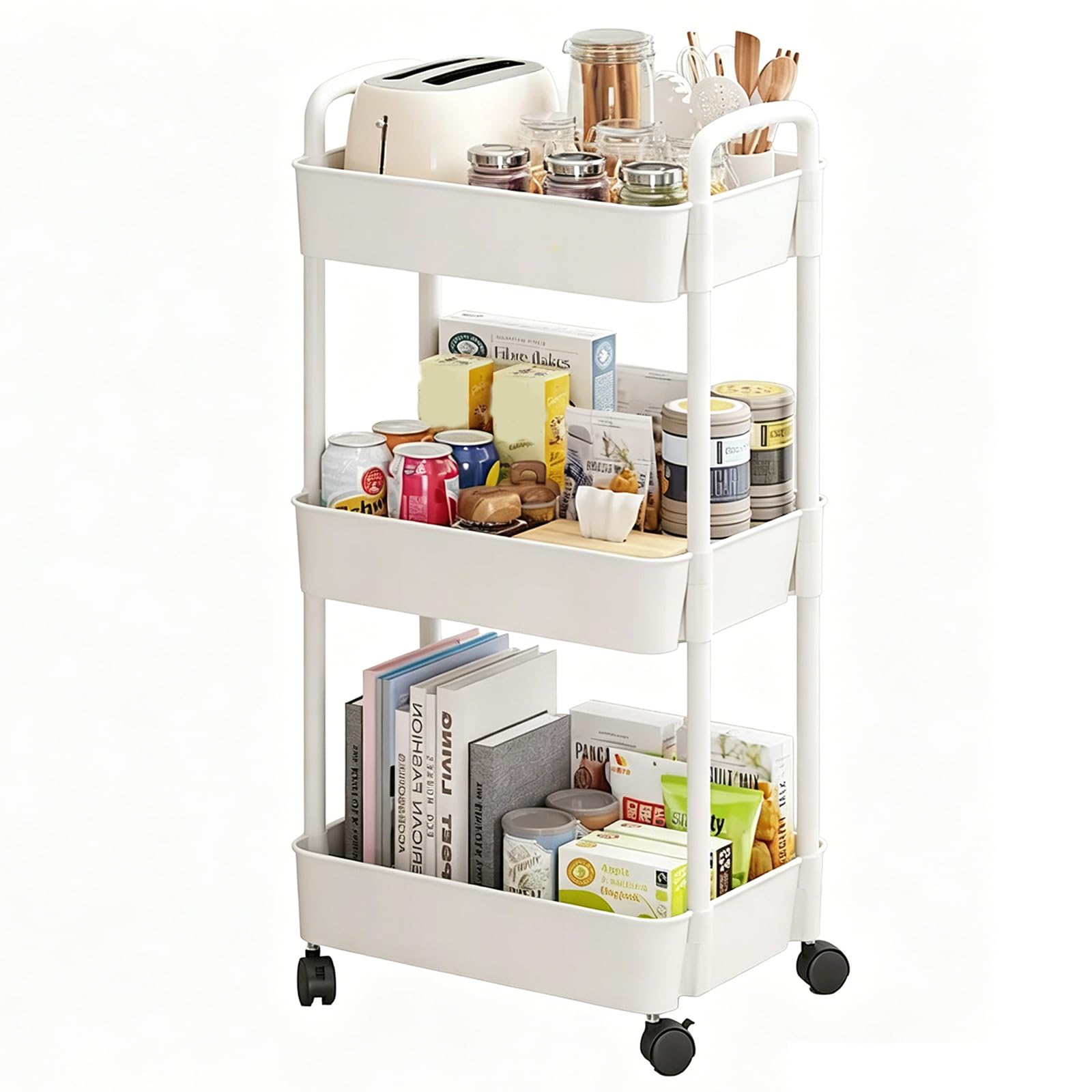 3-Tier Storage Trolley on Wheels, Metal & Plastic Kitchen Utility Cart with Handle – Slim Rolling Mobile Shelving Organiser for Bathroom, Office
