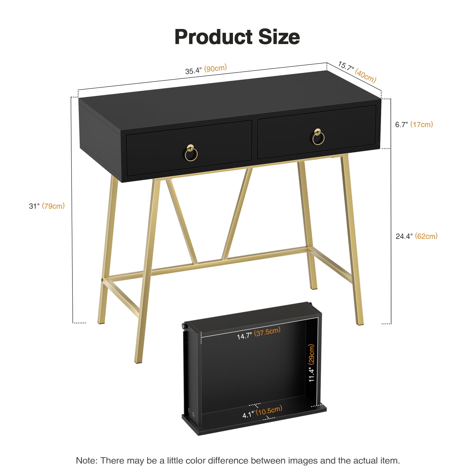 Yvsevnr Wooden Computer Desk Black Writing Desk with 2 Drawers Vanity Dressing Table without Mirror