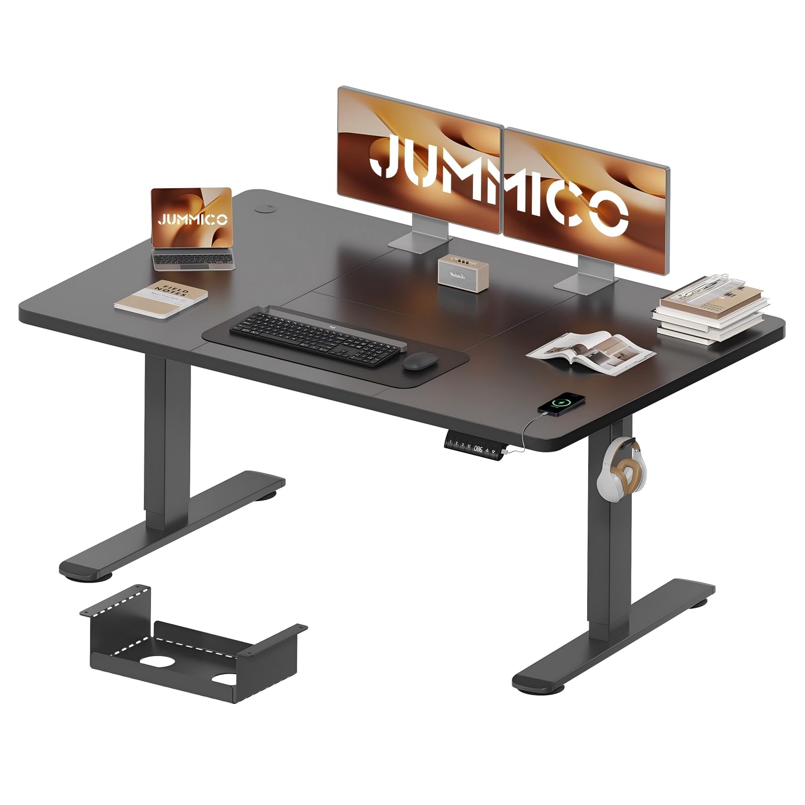 JUMMICO 140 x 70 cm Electric Standing Desk with USB Charging, Sedentary Reminder Height Adjustable Standing Desk, Sit Stand Desk