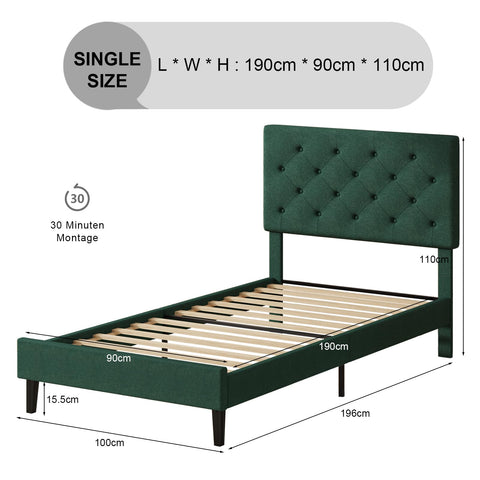 HOMBCK Single Bed Frame, 90 x 190 cm, with Adjustable Upholstered Headboard, Heavy Duty 256kg Weight Capacity, Easy Assembly, No Box Spring Needed