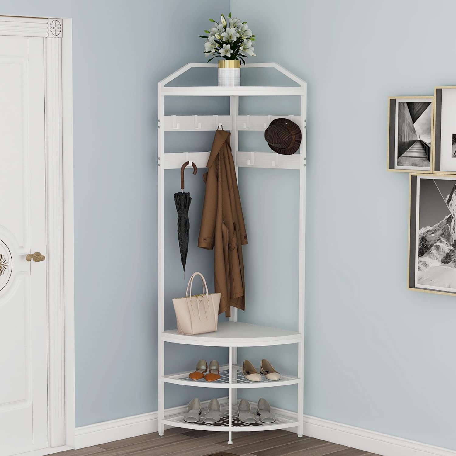 VEDECASA Metal Coat Rack - Corner - Hallway Tree - Freestanding Garment Rack with 12 Movable Hooks and Storage Shelf for Hallway, Living Room